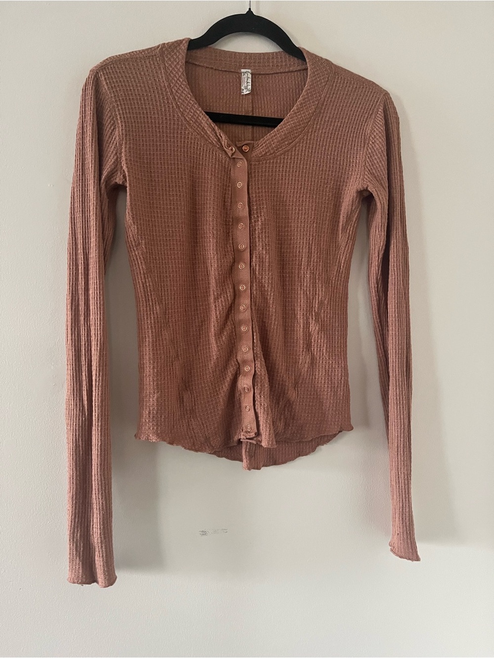 Intimately FP Brown Waffle Knit Button Front Top Small Henley Cardigan Rustic